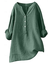 economico Camicie-Camicie da donna 100% cotone con bottoni, tinta unita, vintage, maniche lunghe, scollo a V, top lunghi, casual, rosa chiaro, curcuma, nero, verde oliva, rosso, primavera