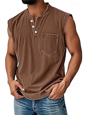  Canotta vintage da uomo, 100% cotone, lavaggio acido, canottiera, maglietta senza maniche, senza maniche, henley, estate, tinta unita, stilista, basic, tasche, bottoni, vacanza, strada, maglietta nera per uomo