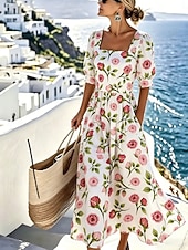  Femmes Robe Midi Robe Décontractée Robe trapèze Élégant Vacances Plage Fête Coupe régulière Fleuri Graphique Manche Courte Col carré Bleu Rose Claire Vert Été Printemps