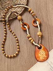 baratos Colar Feminino-Colar feminino boêmio com pingente de madeira, longo, com contas, estilo statement, com pingente de elefante, peixe e flores. Joia artesanal em madeira, ideal para férias, praia, festivais, viagens e