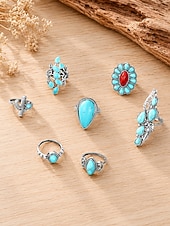 economico Anelli da donna-set di anelli turchesi da donna, anelli impilabili in lega d'argento vintage, gioielli boho sud-occidentali western da cowgirl, anelli vistosi con cactus floreali per vacanze, festival e uso