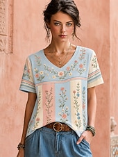 economico T-shirt floreale-Per donna Maglietta bohémien Top estivi Floreale Grafico Piante Elegante Bohemien Vintage Manica Corta Scollo a V Top Regolari Casuale Quotidiano Sportivo Blu Bianco / Rosa Albicocca rosa Estate