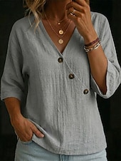  Women's Shirt Blouse Buttons Solid Color Vintage Fashion 3/4 Length Sleeve Batwing Sleeve V Neck Regular Tops Casual Space gray Caramel color White Summer Spring