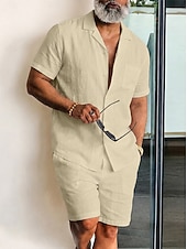 preiswerte Baumwoll-Leinenhemd-Herren Leinenhemd Zweiteilig Hemd Set Und Shorts Leinenshorts Strandshorts Set Einfach Einheitliche Farbe Lässig Täglich Outdoor Umlegekragen Kurzarm Sommer Mode Lässig Bequem Bekleidung