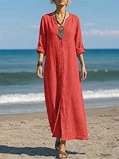  Per donna Abito maxi Abiti di lino Vintage Quotidiano Vestibilità comoda Colore Puro Manica Lunga Scollo a V Rosso Estate
