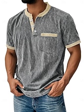 billiga Casual Henley T-shirt-Herr Henleytröja Tvätta skjorta i 100 % bomull T-shirt T-shirt Kortärmad Enfärgat Retro / vintage Ledigt Vintagestil Färgblock Tvättad Henley Ledigt Vår &amp; sommar Sommar Vår Blå Svart Marinblå Henley