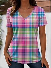  Mujer Camiseta Estampado Graphic Plaid A Rayas Elegante Clásico Casual Manga Corta Escote en Pico Tops regulares Casual Diario Azul Piscina Rosa Naranja Verde Trébol Verano Primavera