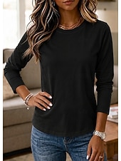  Per donna 100% cotone Maglietta Tinta unica Classico Casual Manica Lunga Girocollo Top Regolari Casuale Quotidiano Blu Bianco Nero Rosa Grigio chiaro Inverno Primavera, Autunno, Inverno, Estate