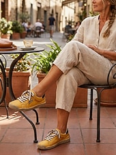 cheap Women's Sneakers-Women's Yellow Handcrafted Retro Casual Sneakers – Embroidery Lace-up Walking Shoes with Non-slip Sole for Travel, Outdoor Walking &amp; Everyday Wear