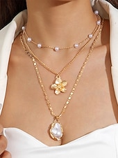 cheap Women's Necklace-Women's 3PCS Layered Necklace Set, Gold Alloy &amp; Faux Pearl Triple Strand Necklace with Flower and Shell Pendant, Elegant Summer Vacation Jewelry Gift