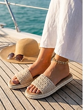 ieftine Sandale tip slide-Sandale damă din rafie țesută - sandale plate din paie, cu vârful deschis, stil boho, pentru vacanța de vară la plajă, sandale espadrile naturale
