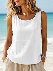 abordables Tanque Sencillo-Mujer Chaleco de lino y algodón Frunce Textura Color sólido Vintage Sin Mangas Camiseta con cuello redondo Tops regulares Blanco Negro Verde Claro Rosa Gris Claro Verano Primavera