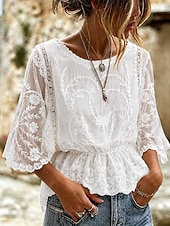  Women's Shirt Lace Shirt Blouse Lace Embroidered Solid Color Floral Graphic Elegant Stylish Casual Half Sleeve Batwing Sleeve Crew Neck Regular Tops Casual Daily Holiday Blue Khaki White Pink Grey