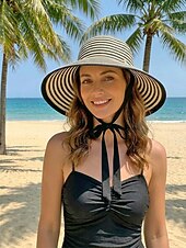 cheap Women's Hats-Women's Striped Foldable Sun Hat, Wide Brim Polyester Beach Hat for Women, Packable Summer Travel Vacation Cap, Elegant UV Protection Hat