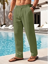 cheap Holiday-Men's Cotton Linen Pants Trousers Summer Pants Baggy Pants Beach Pants Pleated Pocket Solid Color Comfort Breathable Full Length Casual Daily Outdoor Vacation Fashion Loose Fit Blue White Inelastic
