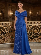 billige A-linje kveldsdrakter-A-linje Gulvlengde Ballkjole med kappe Kveldskjoler Elegant Silkete Empire midje kveld Kortermet Løse skuldre Bryllup Formell Sateng Paljetter Cowlhals med Glimmer Plissert Paljett