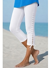 billiga Enkla Leggings-Dam Capribyxor Damasker Mode Ledigt vardag Vadlängd Hög midja Ensfärgat Topp med knytband Komfort normal elasticitet Ledigt Dagligen Semester Svart Vit Rubinrött Himmelsblå Sommar Vår Smal passform