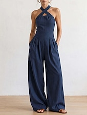 cheap Vacation Jumpsuit-Women's Jumpsuit Elegant Full Length High Waist Plain Inelastic Vacation Formal Black White Wine Navy Blue Summer Spring Regular Fit