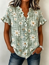 baratos Blusas Florais-Mulheres Túnica Frufru Floral Gráfico Elegante Moda Diário Manga Curta Decote V Tops regulares Casual Diário Amarelo Rosa Verde Verão Primavera