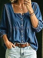  Women's Shirt Blouse Buttons Solid Color Fashion Daily Casual 3/4 Length Sleeve Puff Sleeve Crew Neck Long Tops Casual Light Blue Black Navy Blue Fall