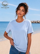 cheap Plain tee-Women's T Shirt Summer Tops Cotton Shirt Tee Top Solid Color Fashion Stylish Basic Short Sleeve Crew Neck Round Neck Regular Tops Casual Daily Beach Blue Khaki Indigo Green with beige Black Summer