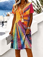  Per donna Mini abito Vestito T-Shirt Abito a trapezio Vacanza Casual Boho Spiaggia Vestibilità regolare Grafico Geometrico Manica Corta Scollo a V Arancione Verde Estate Primavera
