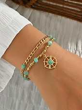 preiswerte Damenarmband-Damen-Doppelarmband im Boho-Stil mit mehreren Lagen Perlen, Naturstein &amp;Charm-Armband aus Titanstahl für Damen, Sommer-Schmuckstück mit mehreren Anhängern – perfekt für Urlaub, Alltag und als Geschenk