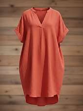  Femmes Robe Longueur Genou Robes en lin ancien Quotidien Mince Uni Manche Courte Col en V Kaki Rouge Orange Été