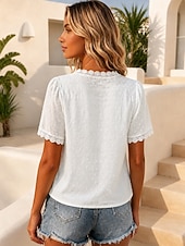 cheap Plain Blouses-Women's Blouse Hollow Out Lace Trim Plain Stylish Casual Short Sleeve V Neck Regular Tops Casual Daily White Summer Spring