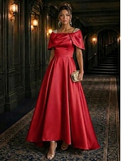 abordables A-Line Evening Dresses-A-Line Asymmetrical Evening Gown Elegant Glittering Mother Of The Bride Short Sleeve Square Neck Wedding Formal Satin Cowl Back with Pleats Crystals Beading