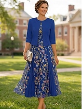 baratos Conjuntos de vestidos para mamãe-Two Piece A-Line Tea Length Wedding Guest Dress Mother of the Bride Dress Short Sleeve 3/4 Length Sleeve V Neck Elegant Simple Luxurious Formal Wedding Guest Lace Stretch Crepe with Lace Embroidery