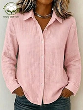  Dames 100% Katoen Button-down overhemd Textuur Knop Dagelijks Lange mouw Casual Geel Blozend Roze Beige Lente, Herfst, Winter, Zomer