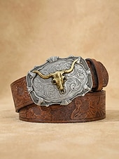 cheap Men's Belts-Men's Western Cowboy Belt, Vintage Embossed Faux Leather Belt for Men, Adjustable Length Country Style Waistband with Large Bull Skull Buckle, Retro Rodeo Jeans Accessory, Black Brown Colors