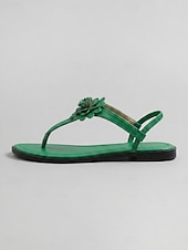 cheap Flat Sandals-Women's Green Floral T-Strap Flat Sandals with Elastic Slingback - Summer Thong Sandals for Vacation, Travel, Casual Walking and Everyday Wear