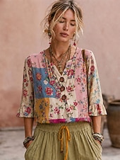 baratos Blusas Florais-Mulheres Camisa Social Patchwork Botões Imprimir Floral Gráfico Vintage à moda Manga Curta Manga 3/4 Decote V Tops regulares Casual Diário Feriado Azul Branco Rosa Verão Primavera