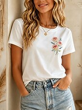 cheap Floral tee-Women's 100% Cotton T Shirt Embroidered T-shirt Floral Graphic Vintage Stylish Casual Short Sleeve Crew Neck Regular Tops Casual Daily Weekend White Summer Spring