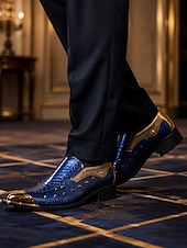 tanie Loafery-Męskie niebieskie, wyraziste buty wizytowe – eleganckie obuwie ze szpiczastym noskiem i wytłoczonym wzorem imitującym skórę krokodyla – modne buty dla dżentelmenów na imprezy, bankiety, wesela i wieczorne wydarzenia