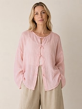 economico Collezione di Lino Premium-camicetta da donna 100% lino a maniche lunghe con bottoni, girocollo, vestibilità regolare, stile vintage, ideale per le vacanze, disponibile nei colori nero, rosa, rosso e verde, per l'estate e la primavera.