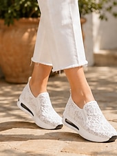 preiswerte Damen-Sneaker-Beige Slip-On-Plateau-Sneaker aus Spitzennetz für Damen mit Luftpolstersohle – stylische und bequeme Freizeitschuhe für den Alltag
