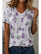 economico T-shirt floreale-Per donna Maglietta Stampato Floreale Grafico Piante Vintage Elegante Classico Manica Corta Scollo a V Top Regolari Casuale Quotidiano Viola chiaro Viola Viola Estate Primavera Autunno Inverno