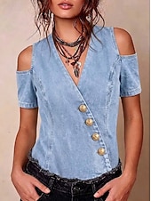  Blusa feminina estilo jeans patchwork, cor lisa, vintage, estilo western, manga curta, decote em V, modelo regular, ideal para o dia a dia, para sair, nas cores azul, preta e azul claro, perfeita para