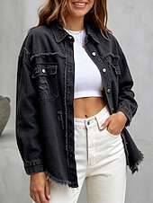  Blusa feminina estilo jeans com bolsos e botões, cor sólida, elegante, para férias, estilo vintage, manga longa com gola dobrada, modelo regular, casual, para uso diário, ao ar livre, nas cores preto, rosa, vermelho, cáqui, verde militar, para outono e in