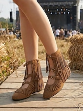 abordables Donne-Women's Brown Suede Festival Boots - Flat Boho Fringe Ankle Boots with Triple Buckle Straps for Coachella Rave &amp; Country Music Concert