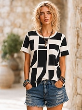 cheap Stripe&amp;Geometric tee-Women's T Shirt Print Graphic Geometric Tribal Fashion Stylish Classic Short Sleeve Crew Neck Round Neck Regular Tops Casual Daily Sports White Black Red Summer Spring