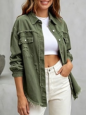  Blusa feminina estilo jeans com bolsos e botões, cor sólida, elegante, para férias, estilo vintage, manga longa com gola dobrada, modelo regular, casual, para uso diário, ao ar livre, nas cores preto, rosa, vermelho, cáqui, verde militar, para outono e in