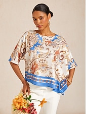 tanie koszule, topy i bluzki-królewski top dolman z satyny jedwabistej paisley flora