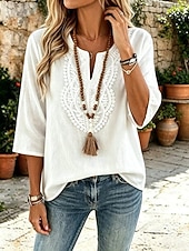 preiswerte Spitzenoberteile-Damen Hemd Boho-Hemd Spitzenbluse Elegant Bohemien Urlaub Dreiviertelarm Lange Oberteile Lässig Täglich Ferien Blau Weiß Khaki Rosa Rote Sommer Frühling