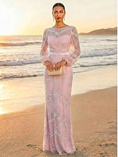tanie Suknie wieczorowe typu sheath-Ołówkowa Kolumnowa Sięgająca podłoża Suknia wieczorowa Elegancja Błyszczące Wieczór Empire Waist Długi rękaw Półgolf Wieczorna impreza Ślub Tiul Szarmeza z Brokat Cekin Haft koralikowy