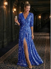 ieftine Rochii de seară în linie A-Linia -A Lungime Podea Rochii de seara Rochie formală Elegant Sclipici Split de înaltă Lungime Manșon 3/4 În V Serată Nuntă Paiete cu Strălucire Paiete Culoare solida
