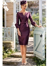 cheap Cocktail Dresses-Sheath Column Knee Length Cocktail Dresses Party Dresses Elegant Minimalist 3/4 Length Sleeve V Neck Formal Wedding Guest Satin with Sash / Ribbon Pure Color